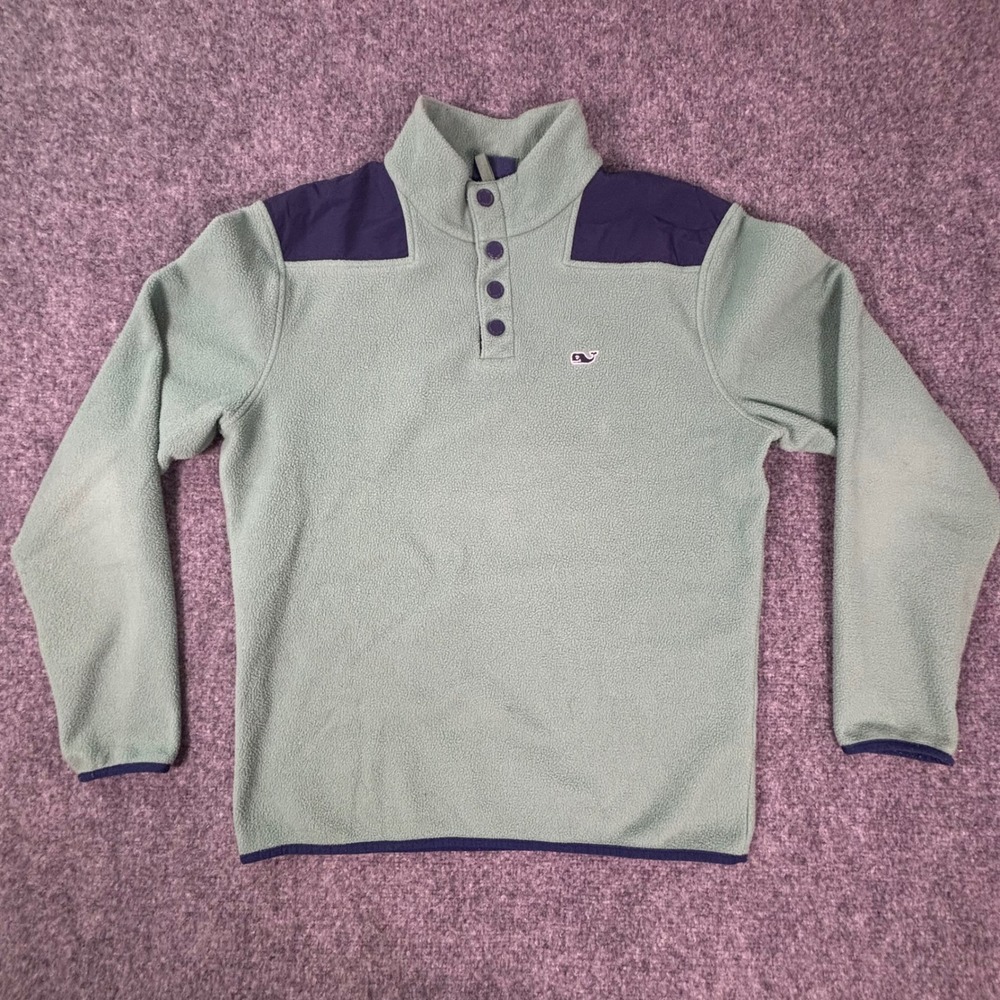 Vineyard Vines Mens Sage Green Fleece Snap Mock Neck Pullover Sweater Whale Logo